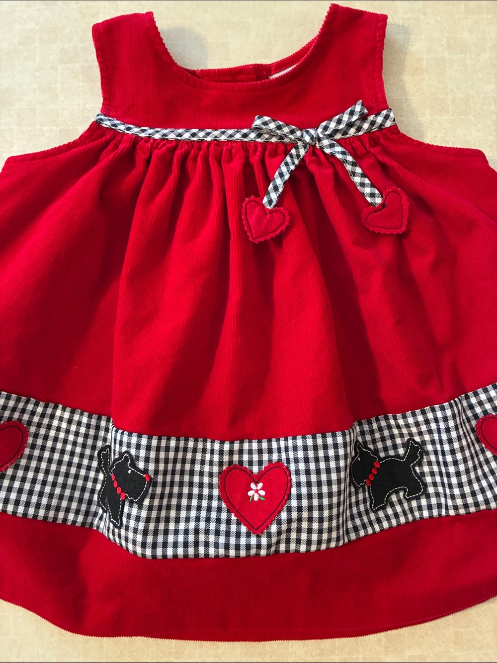 Rare, Too! Red Corduroy-Gingham Trim Dress with Heart and Scotty Dog Motif 2T